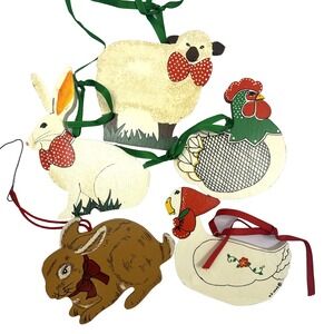 Lot Of 5 Vtg‎ Wooden Christmas Animals Ornaments Bunny Goose Hen Grannycore
